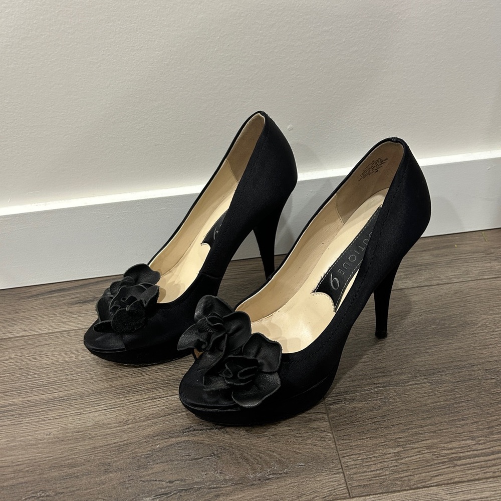 Elegant Satin Black Peep-Toe Heels with Floral Accent